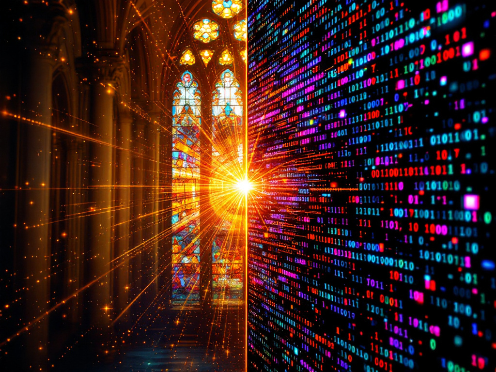 Stained glass cathedral window split with digital binary code, symbolising the intersection of the divine image and the algorithm